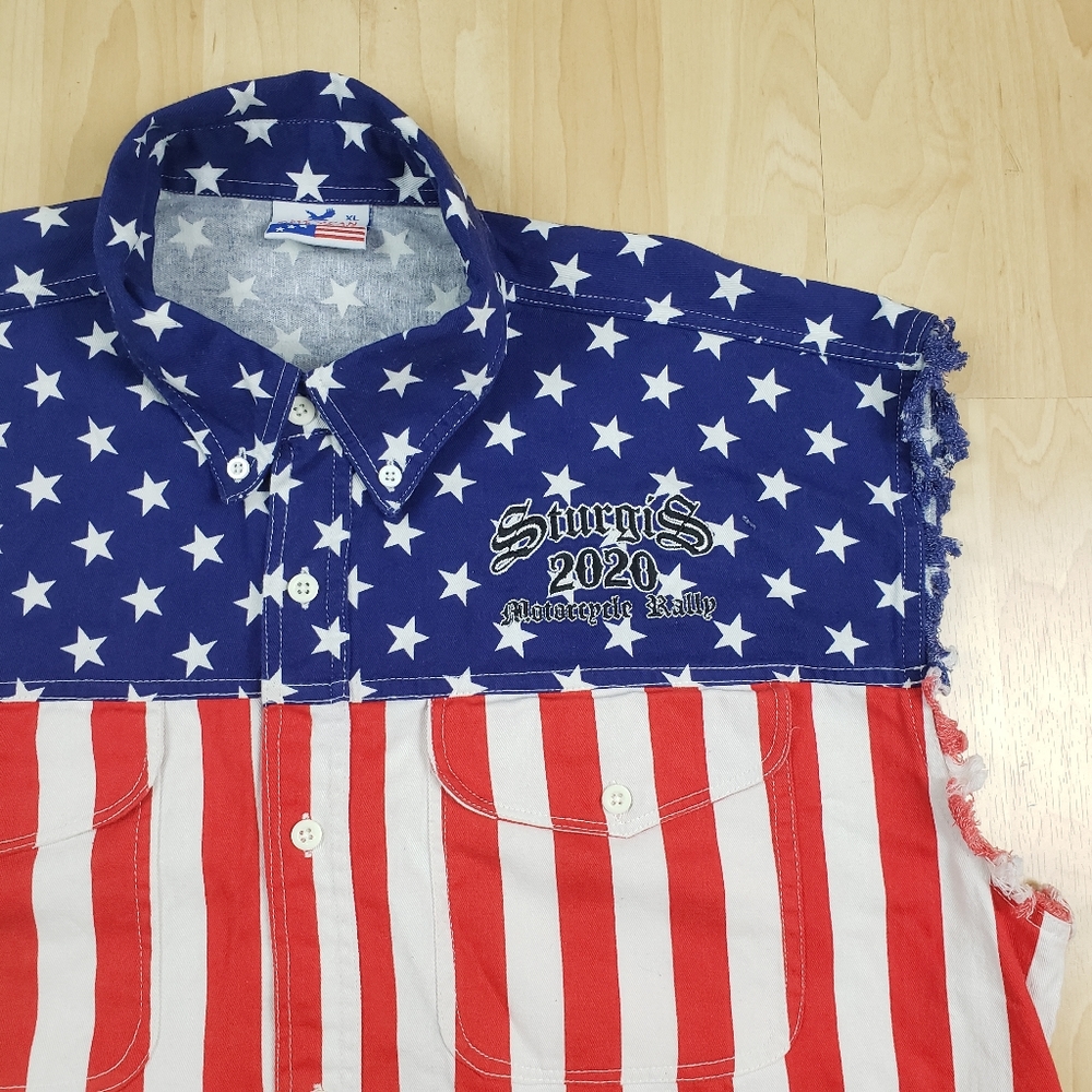 American Biker Image Sleevless Cutoff USA Sturgis Mens XL Motorcycle Rally MAGA - Picture 4 of 12